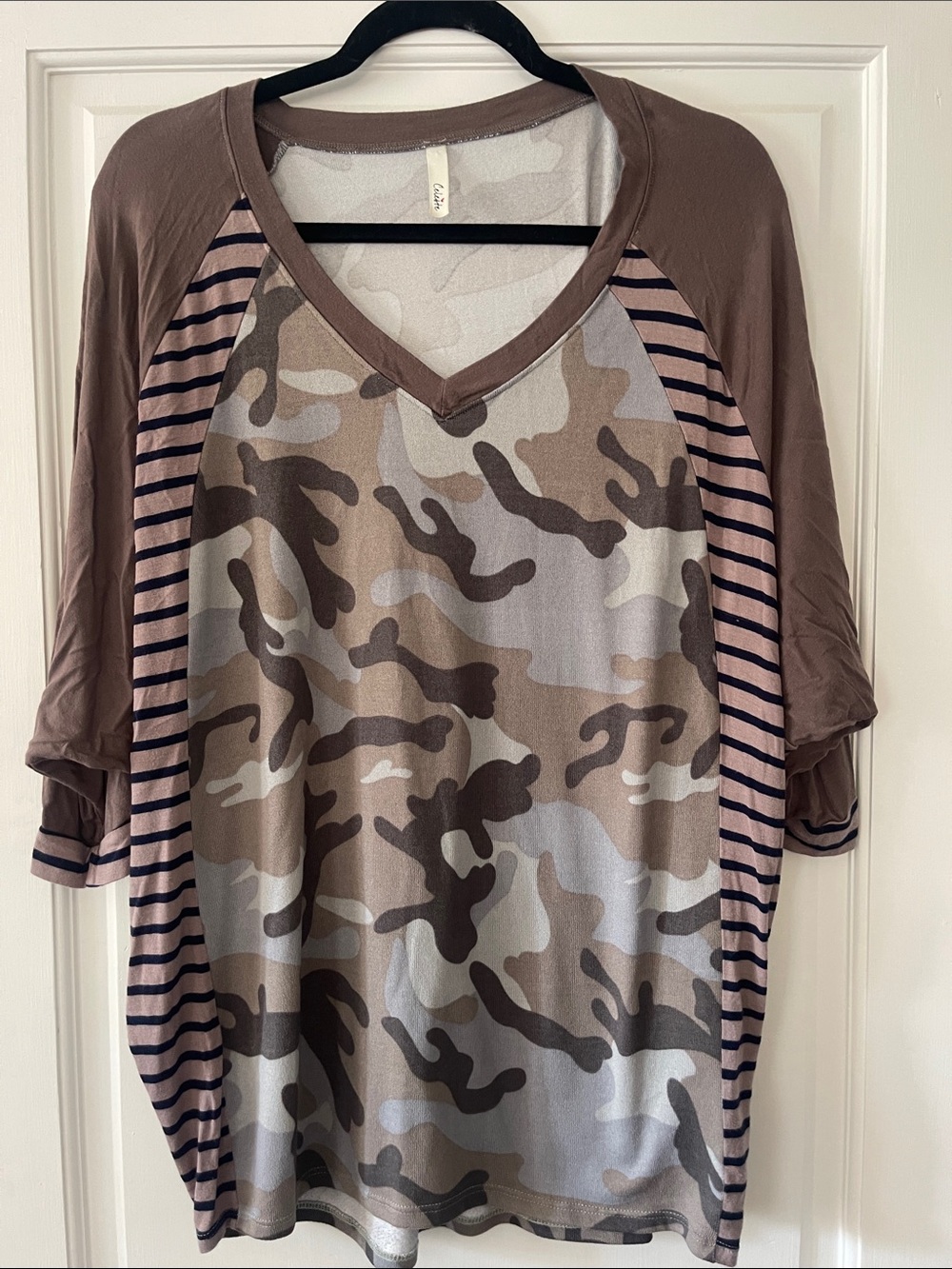 Celeste Taupe Camo & Striped Raglan V-Neck Top